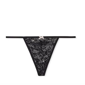 Victoria's Secret Stretch Cotton V-String Panty in New Years M Black Sequin NEW